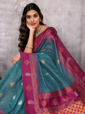 Janasya Woven, Self Design Kanjivaram Cotton Blend Saree(Blue)