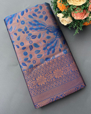 The Geetaz Woven Kanjivaram Silk Blend Saree(Brown, Blue)