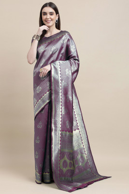 manvaa Woven Banarasi Silk Blend Saree(Purple)