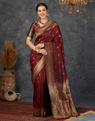 Samah Woven, Self Design Banarasi Silk Blend Saree(Maroon, Gold)