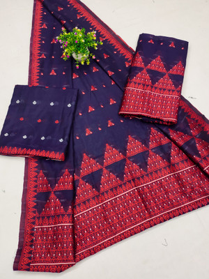 61&7nx Embroidered Mekhela Chador Silk Blend Saree(Blue)