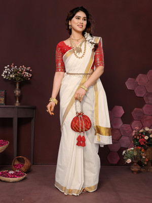 Gugaliya Solid/Plain Kasavu Pure Cotton Saree(Multicolor)