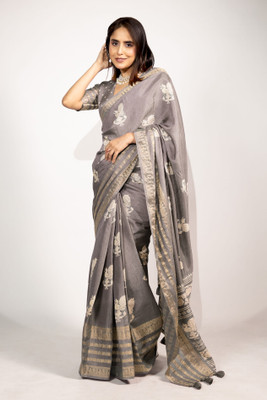 MIRCHI FASHION Printed, Blocked Printed Bollywood Cotton Silk, Silk Blend Saree(Cream, Grey)
