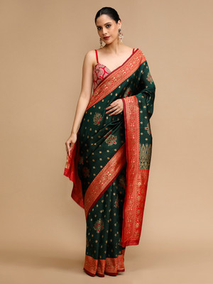 House of Pataudi Woven Banarasi Silk Blend Saree(Green)