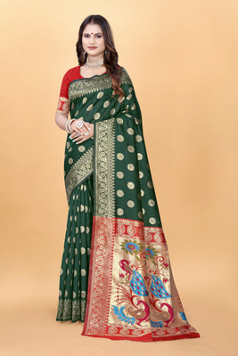 DHAYNAAND REEWA FASHION Woven Banarasi Jacquard Saree(Dark Green)