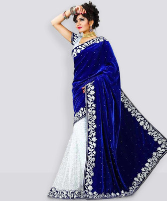 FoogFeb Embellished Bollywood Velvet Saree(Blue)