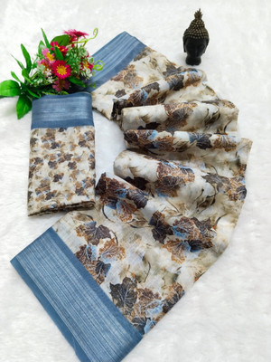 HangerStories Woven, Printed Bollywood Linen, Cotton Linen Saree(White)