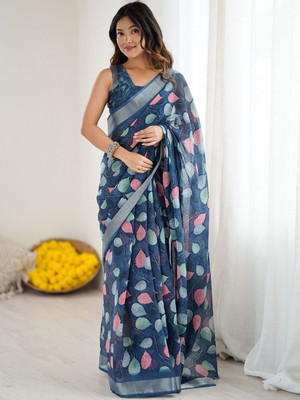 Moda Rapido Printed Daily Wear Silk Blend Saree(Blue)