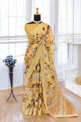 SJY Floral Print Bollywood Linen Saree(Multicolor)