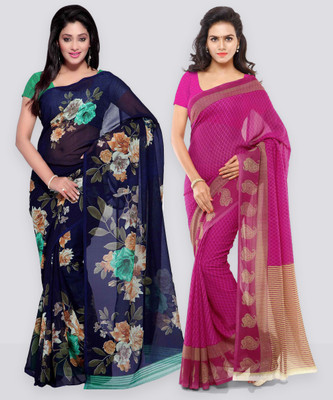 Anand Sarees Printed Daily Wear Georgette Saree(Pack of 2, Blue, Pink)