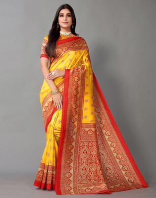 Divastri Printed Banarasi Silk Blend Saree(Yellow, Multicolor)