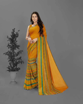 Anugrah Textile Solid/Plain Banarasi Lycra Blend, Chiffon Saree(Yellow)