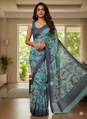 DUDHANE TRADING CORPORATION Geometric Print, Printed, Floral Print Bollywood Silk Blend Saree(Blue)
