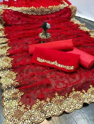 KHRITI FAB Embroidered, Printed Bollywood Net Saree(Red)
