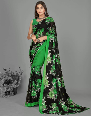 The Textile Hub Floral Print Daily Wear Georgette Saree(Black)