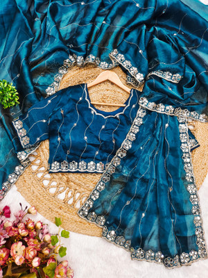 HERVALLY Embroidered, Embellished Bollywood Brasso, Jute Silk Saree(Blue)