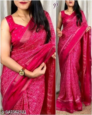 Sita Floral Print Chanderi Cotton Blend Saree(Pink)