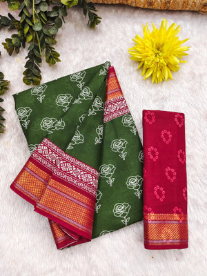 JASU CREATION Floral Print Handloom Pure Cotton Saree(Green)