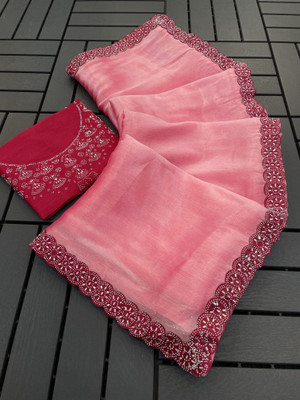 HouseOfCommon Solid/Plain Bollywood Georgette Saree(Pink)