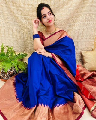Kanjivaram Woven, Embroidered, Self Design Kanjivaram Pure Silk, Jacquard Saree(Blue)