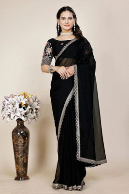 SHIV FASHION Embroidered, Solid/Plain Bollywood Chiffon Saree(Black)