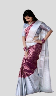 Balaji Striped Kanjivaram Silk Blend Saree(Maroon, White)