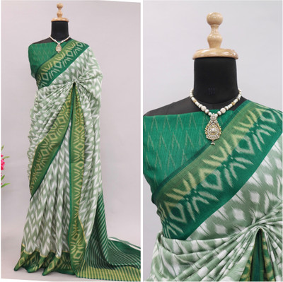 Kjs Geometric Print Ikkat Cotton Silk Saree(Multicolor)