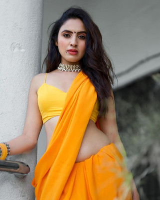 Anand Sarees Dyed, Solid/Plain Bollywood Georgette, Chiffon Saree(Orange)