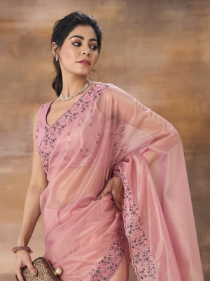 KASEE Solid/Plain, Embroidered Bollywood Net Saree(Pink)