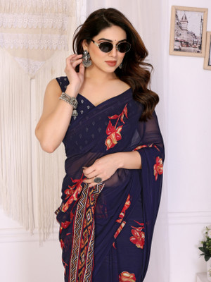 SuperLaxmi Floral Print, Self Design, Striped Bollywood Chiffon, Georgette Saree(Dark Blue)