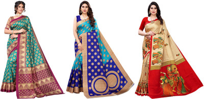 ANIRAV Printed Kasavu Art Silk Saree(Pack of 3, Blue, Beige)