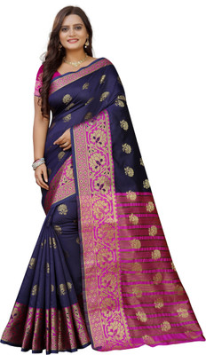 JS Clothing Mart Woven Banarasi Art Silk Saree(Dark Blue, Pink)
