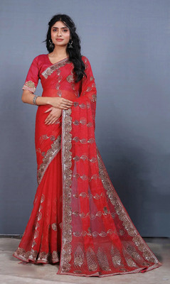 SANSKAR TEXTILE Embroidered Bollywood Tussar Silk Saree(Red)