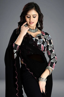 KURTAKULTURE Solid/Plain Bollywood Georgette, Silk Blend Saree(Black)