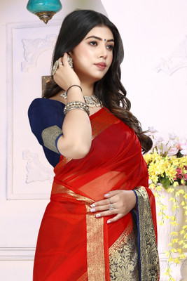 Aarunika LGF Solid/Plain Bollywood Organza Saree(Red)