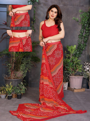 NIRMOHIFASHION Printed Bandhani Georgette Saree(Red, Orange, Green)