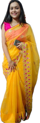 ShivGori Embroidered Bollywood Net Saree(Yellow)