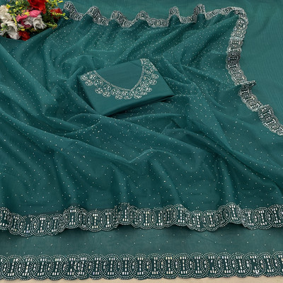 VarniRaaj Fashion Embellished Bollywood Supernet Saree(Dark Green)