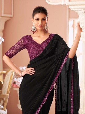 Sareemall Embellished Bollywood Chiffon Saree(Black)