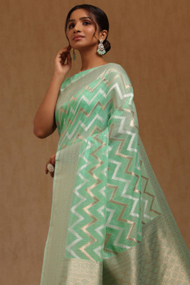 soch Woven Saree with Attached Blouse Linen Saree(Light Green)