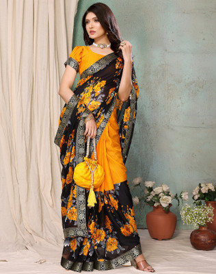 YASHIKA Printed Bollywood Georgette, Lace Saree(Yellow)