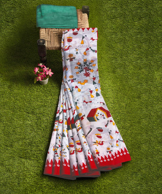 LOVWEAR Floral Print Daily Wear Pure Cotton Saree(White)