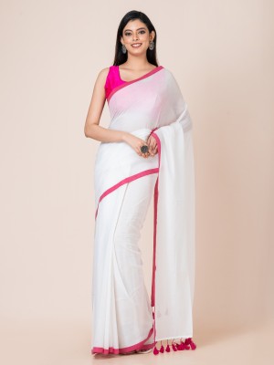 The Ocau Woven, Solid/Plain Handloom Pure Cotton Saree(White)