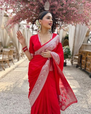 cosfic Striped Bollywood Jacquard Saree(Red)