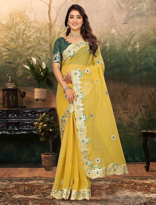 DRASHTI ART Embroidered Bollywood Satin Saree(Yellow)