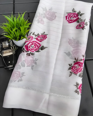 HIJA TRENDZ Printed, Floral Print Bollywood Chiffon Saree(White)