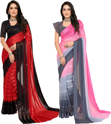 Moda Rapido Self Design, Striped, Ombre Bollywood Satin Saree(Pack of 2, Red, Black)