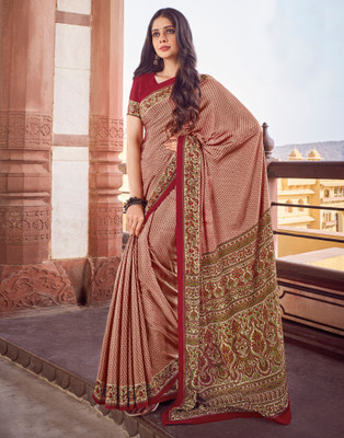 all about you Printed Daily Wear Crepe Saree(Beige, Maroon, Multicolor)