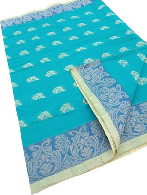 KhayaFashion Woven Tant Pure Cotton Saree(Light Blue)
