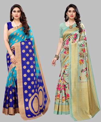 Priyashi Self Design, Digital Print, Printed Kalamkari Art Silk Saree(Pack of 2, Blue, Light Green)